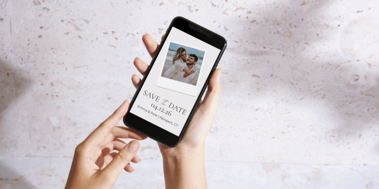Save the date digital invitation for wedding announcement on smartphone, modern wedding invite for Emma & Pete, Newport CT.